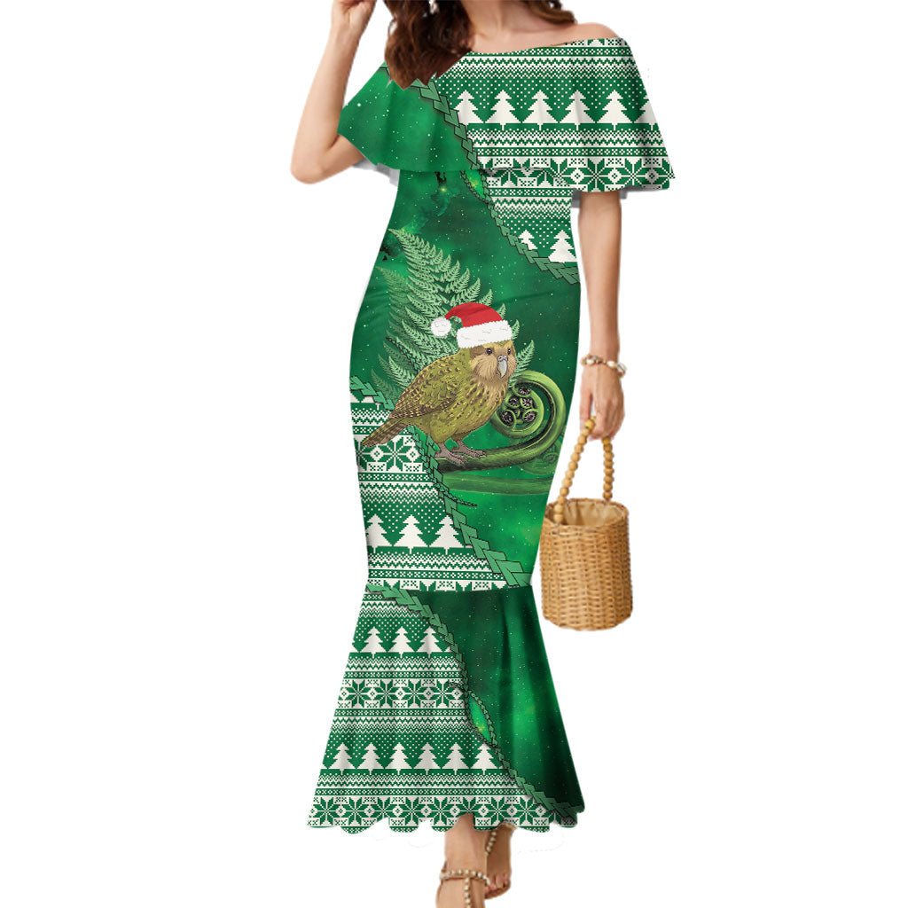 New Zealand Kakapo Christmas In July Family Matching Mermaid Dress and Hawaiian Shirt Silver Fern Santa Xmas Green Color