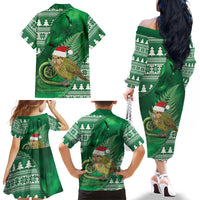 New Zealand Kakapo Christmas In July Family Matching Off The Shoulder Long Sleeve Dress and Hawaiian Shirt Silver Fern Santa Xmas Green Color