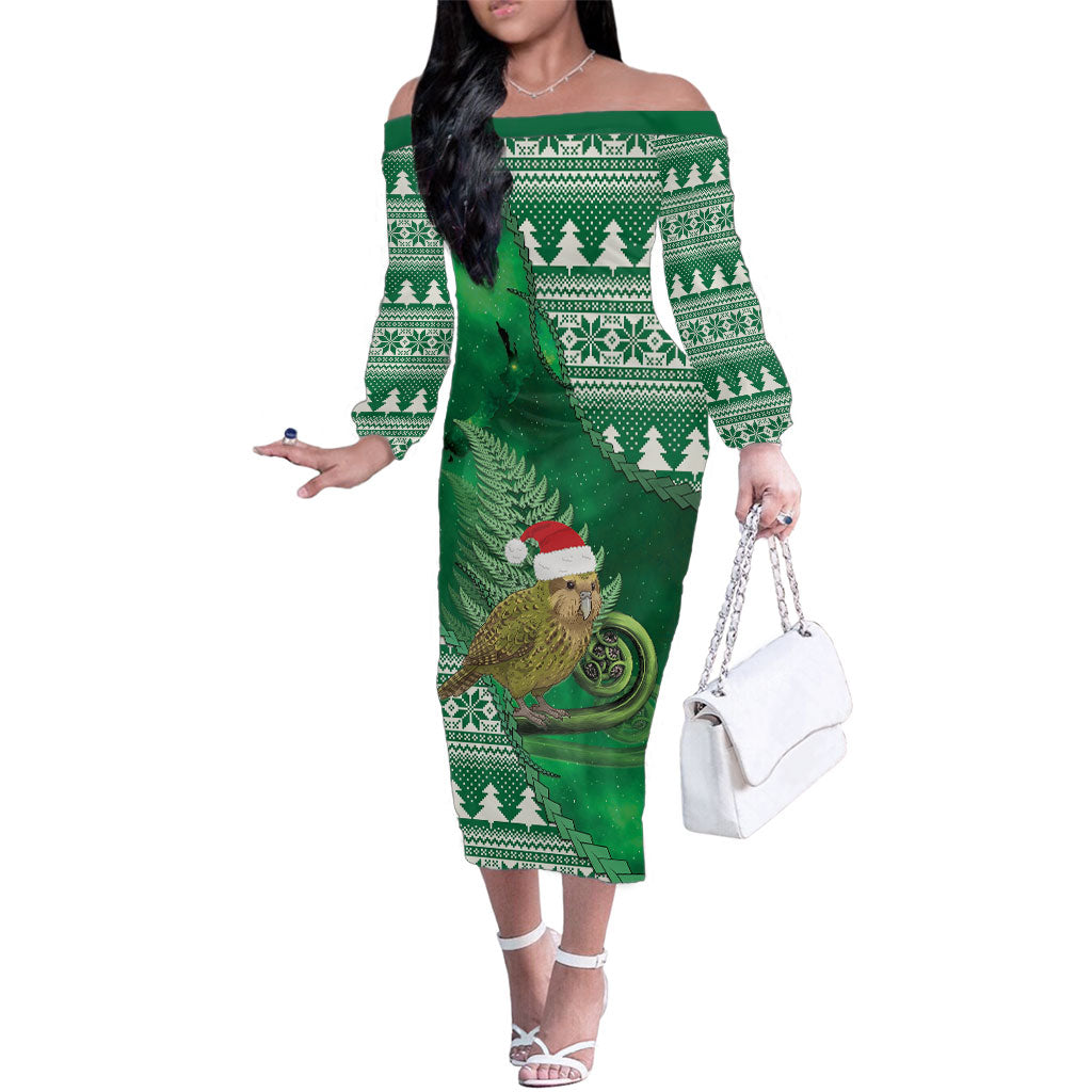 New Zealand Kakapo Christmas In July Family Matching Off The Shoulder Long Sleeve Dress and Hawaiian Shirt Silver Fern Santa Xmas Green Color