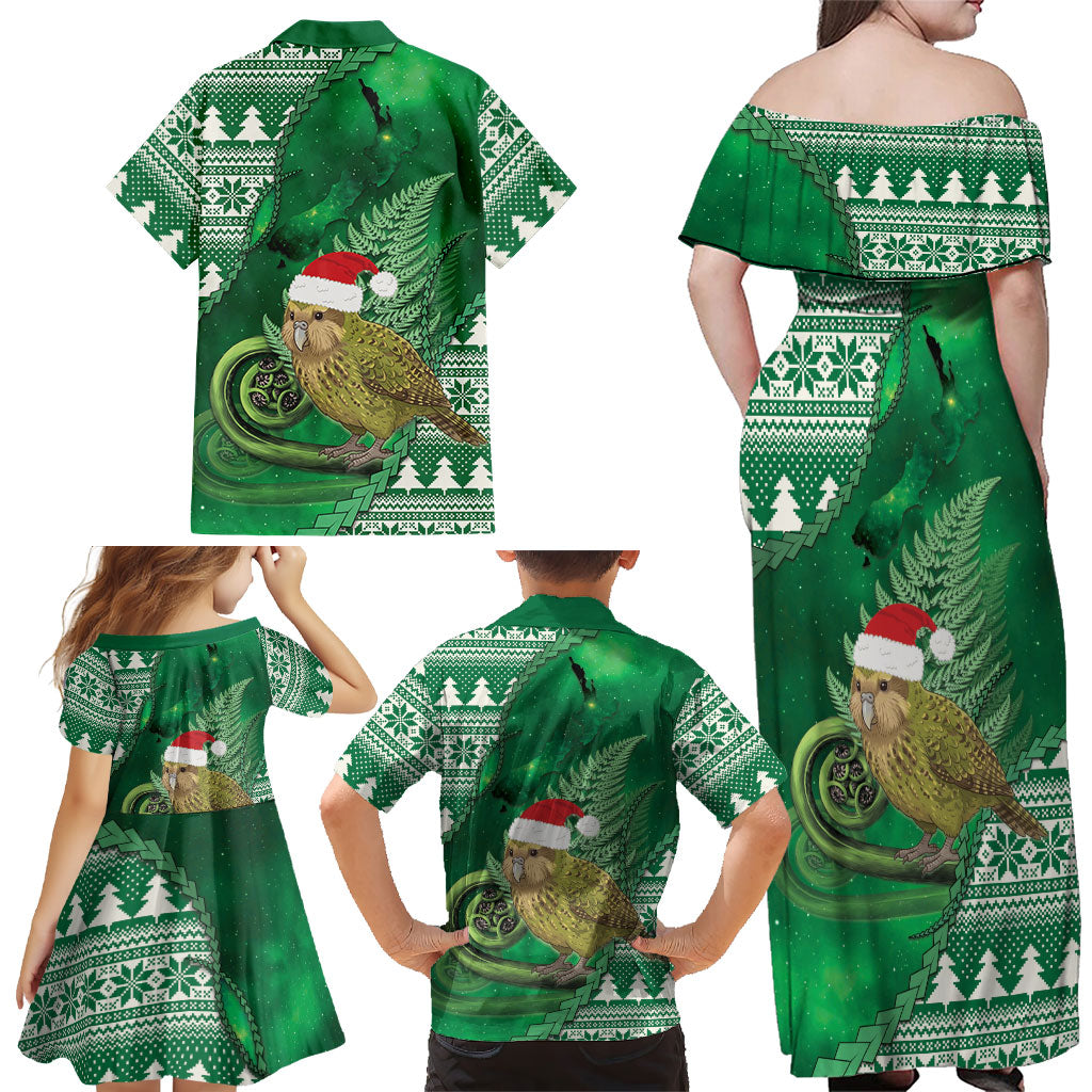New Zealand Kakapo Christmas In July Family Matching Off Shoulder Maxi Dress and Hawaiian Shirt Silver Fern Santa Xmas Green Color