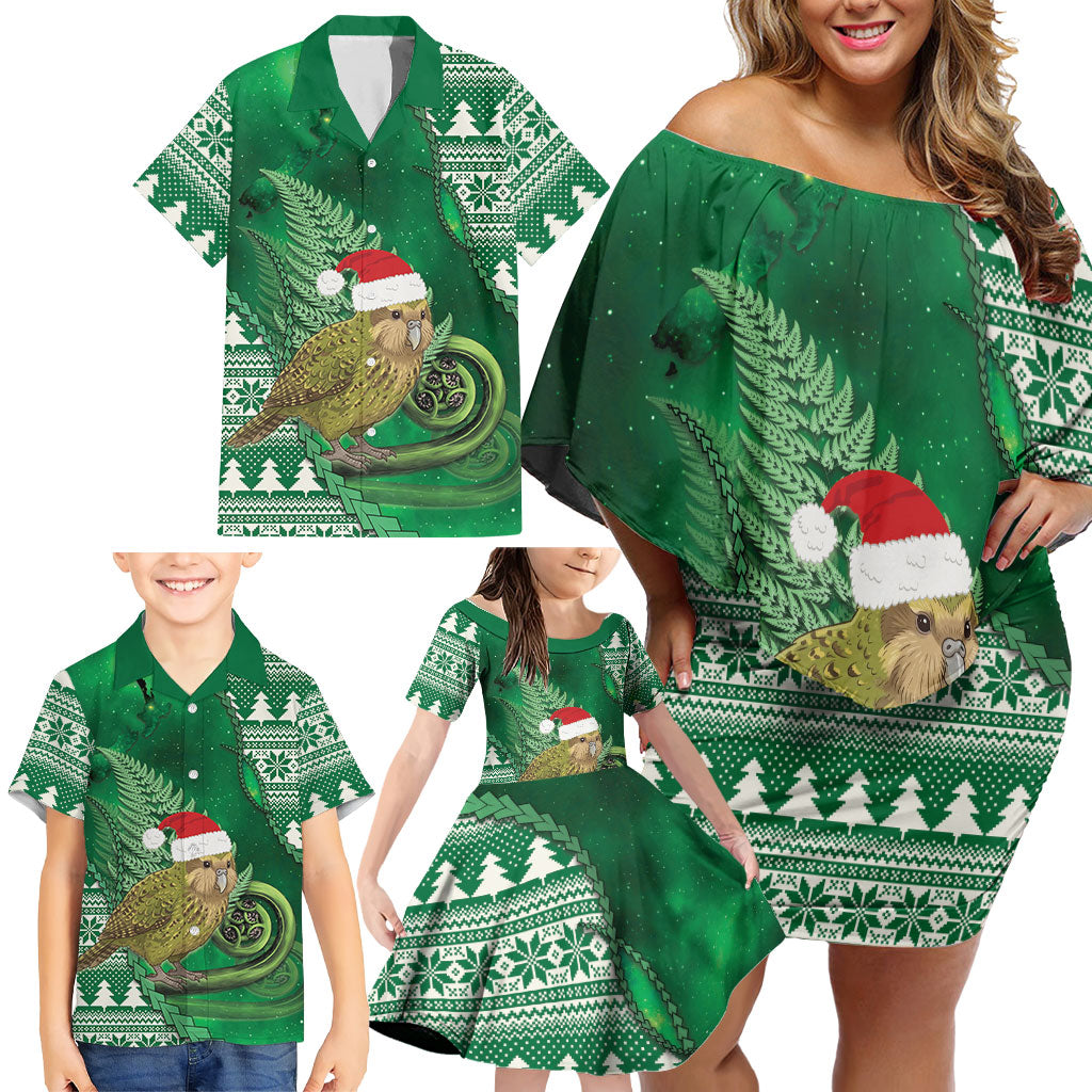 New Zealand Kakapo Christmas In July Family Matching Off Shoulder Short Dress and Hawaiian Shirt Silver Fern Santa Xmas Green Color LT22 - Polynesian Pride