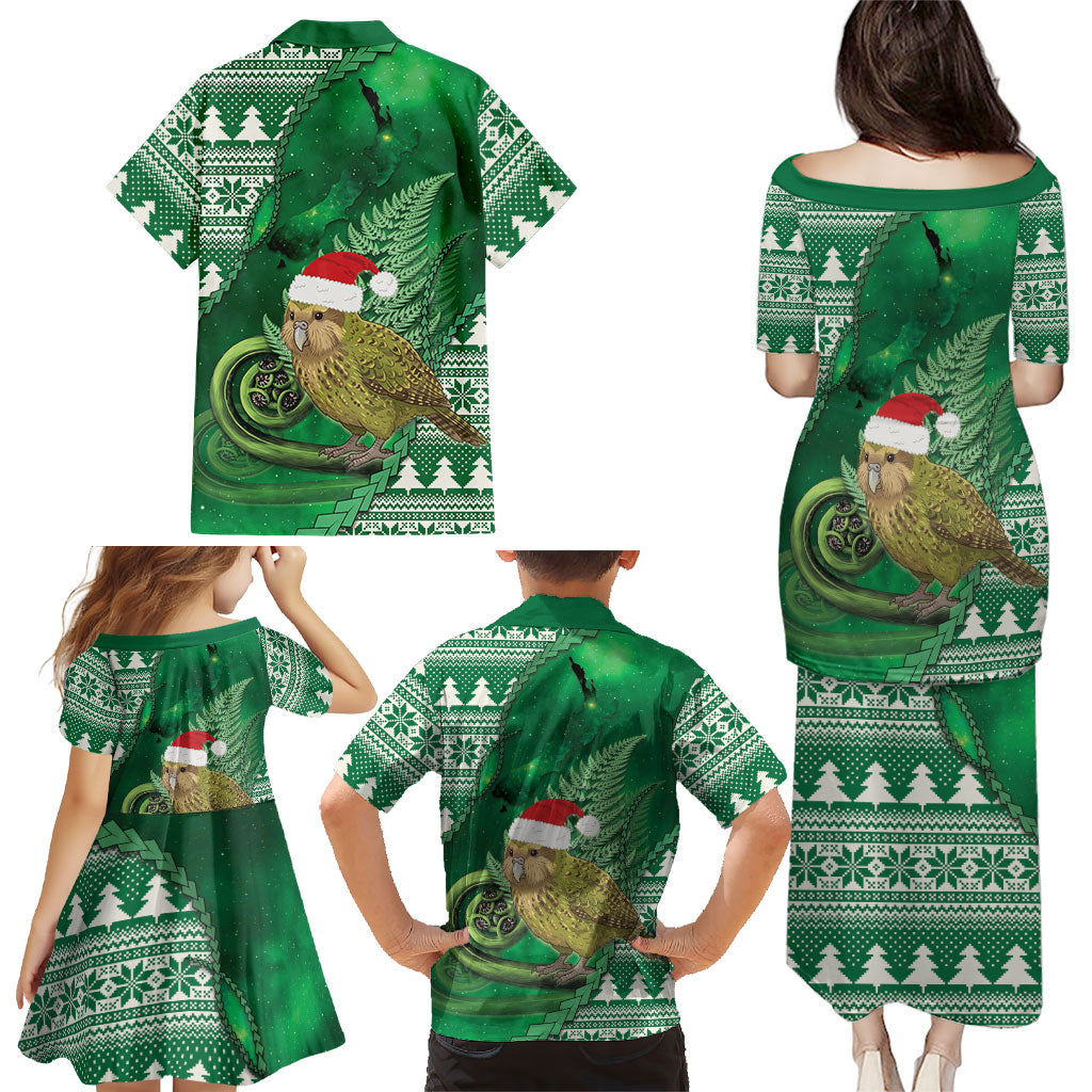 New Zealand Kakapo Christmas In July Family Matching Puletasi and Hawaiian Shirt Silver Fern Santa Xmas Green Color