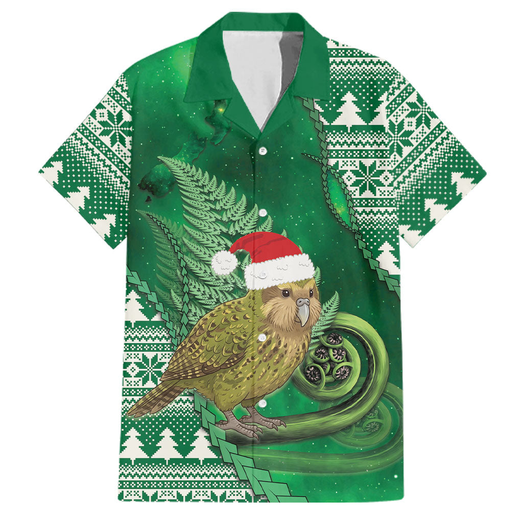 New Zealand Kakapo Christmas In July Family Matching Tank Maxi Dress and Hawaiian Shirt Silver Fern Santa Xmas Green Color