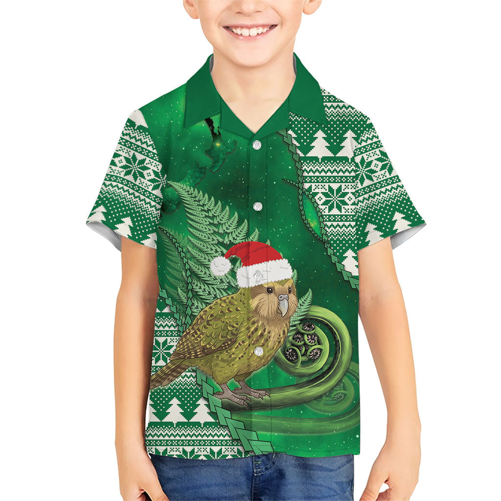 New Zealand Kakapo Christmas In July Kid Hawaiian Shirt Silver Fern Santa Xmas Green Color