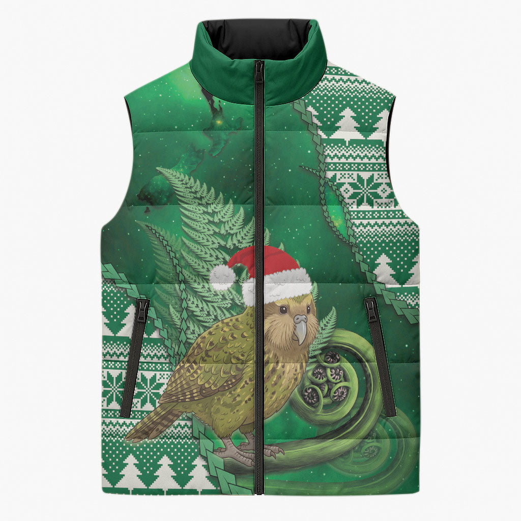 New Zealand Kakapo Christmas In July Sleeveless Puffer Jacket Silver Fern Santa Xmas Green Color