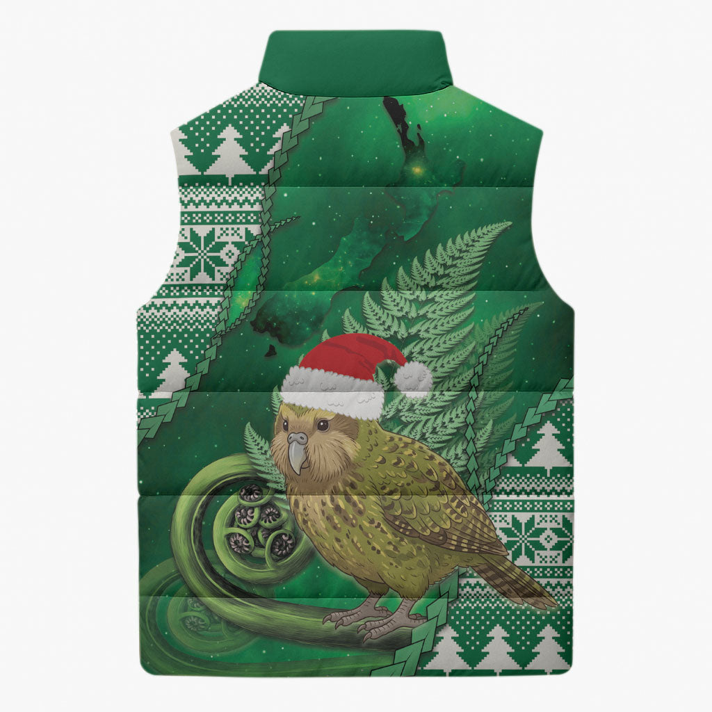New Zealand Kakapo Christmas In July Sleeveless Puffer Jacket Silver Fern Santa Xmas Green Color