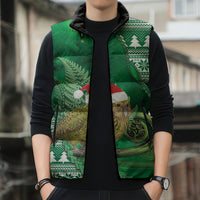 New Zealand Kakapo Christmas In July Sleeveless Puffer Jacket Silver Fern Santa Xmas Green Color