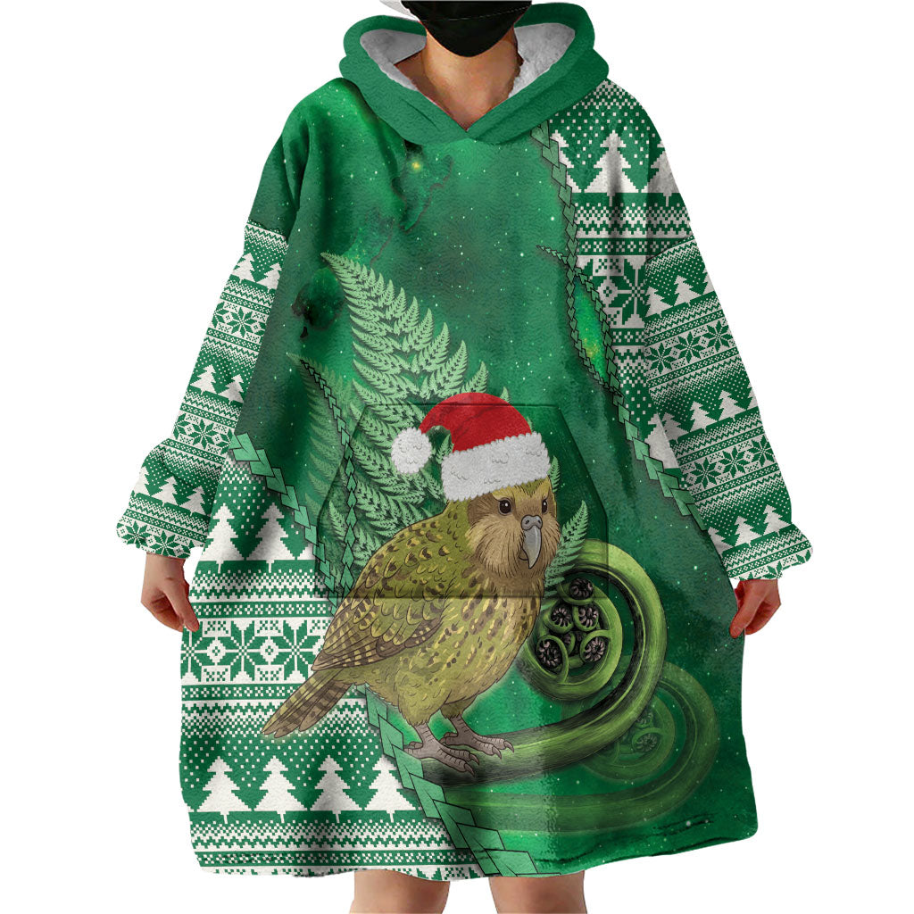 New Zealand Kakapo Christmas In July Wearable Blanket Hoodie Silver Fern Santa Xmas Green Color