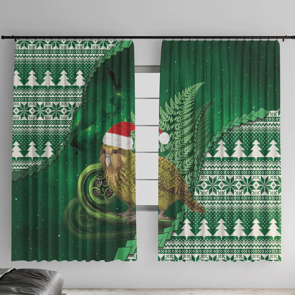 New Zealand Kakapo Christmas In July Window Curtain Silver Fern Santa Xmas Green Color LT22 With Hooks Green - Polynesian Pride
