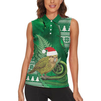 New Zealand Kakapo Christmas In July Women Sleeveless Polo Shirt Silver Fern Santa Xmas Green Color