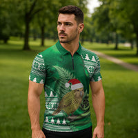 New Zealand Kakapo Christmas In July Zipper Polo Shirt Silver Fern Santa Xmas Green Color