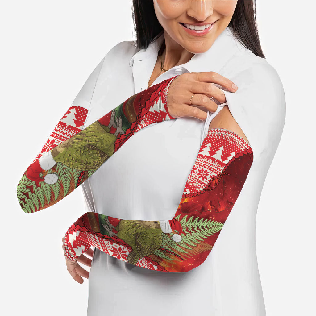 New Zealand Kakapo Christmas In July Arm Sleeves Silver Fern Santa Xmas Red Color