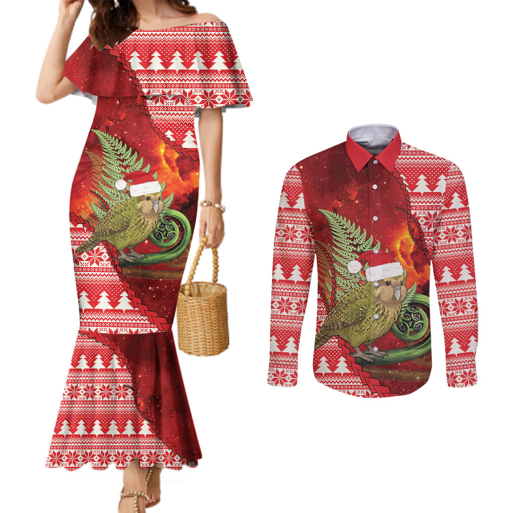 New Zealand Kakapo Christmas In July Couples Matching Mermaid Dress and Long Sleeve Button Shirt Silver Fern Santa Xmas Red Color LT22 Red - Polynesian Pride