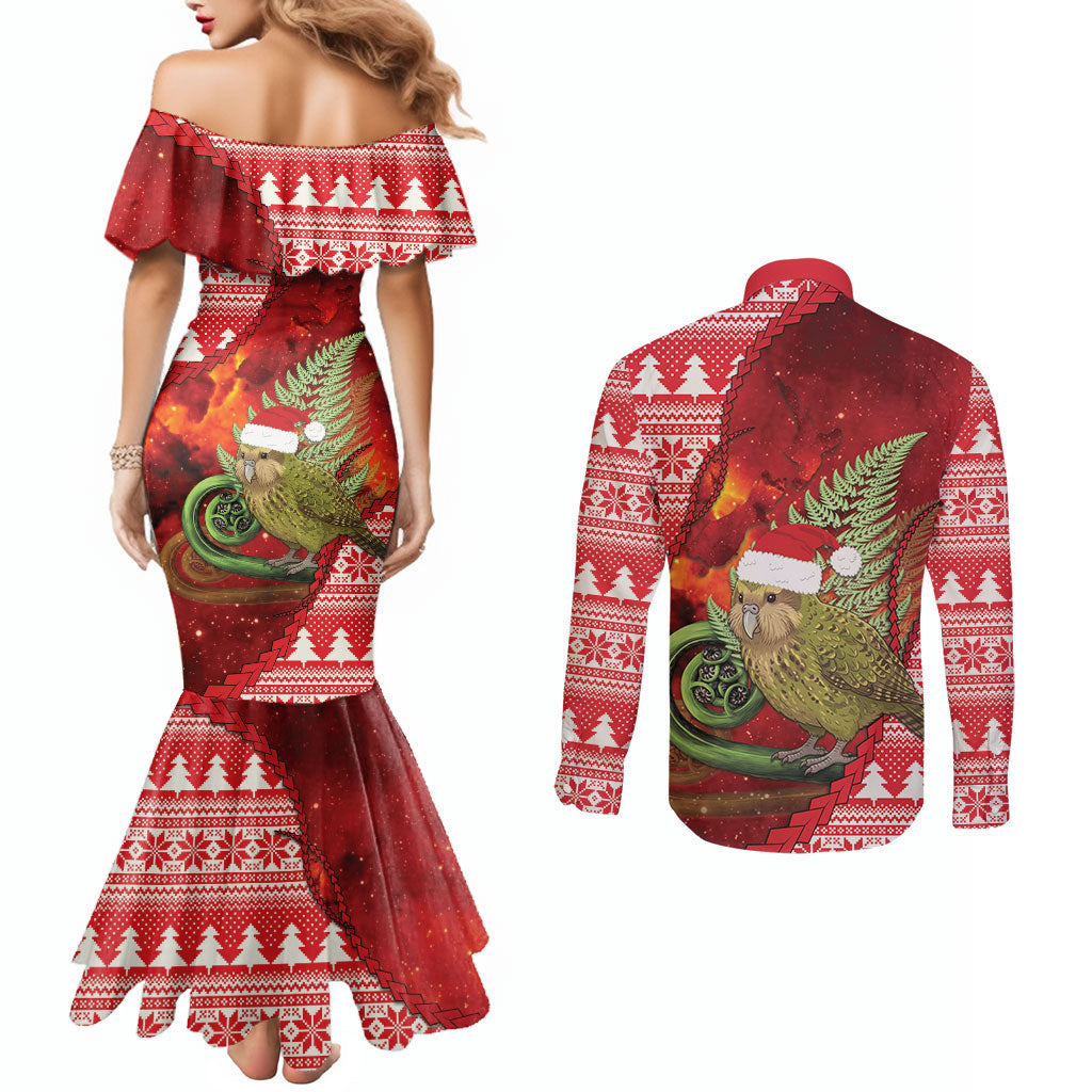 New Zealand Kakapo Christmas In July Couples Matching Mermaid Dress and Long Sleeve Button Shirt Silver Fern Santa Xmas Red Color