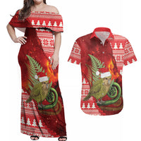 New Zealand Kakapo Christmas In July Couples Matching Off Shoulder Maxi Dress and Hawaiian Shirt Silver Fern Santa Xmas Red Color