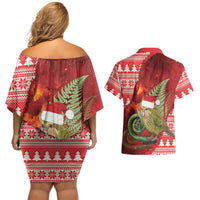 New Zealand Kakapo Christmas In July Couples Matching Off Shoulder Short Dress and Hawaiian Shirt Silver Fern Santa Xmas Red Color
