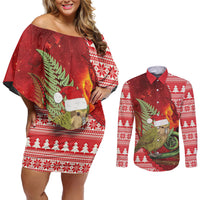 New Zealand Kakapo Christmas In July Couples Matching Off Shoulder Short Dress and Long Sleeve Button Shirt Silver Fern Santa Xmas Red Color