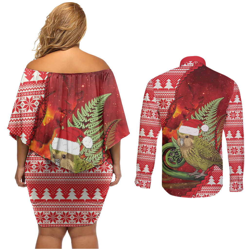 New Zealand Kakapo Christmas In July Couples Matching Off Shoulder Short Dress and Long Sleeve Button Shirt Silver Fern Santa Xmas Red Color