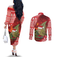 New Zealand Kakapo Christmas In July Couples Matching Off The Shoulder Long Sleeve Dress and Long Sleeve Button Shirt Silver Fern Santa Xmas Red Color