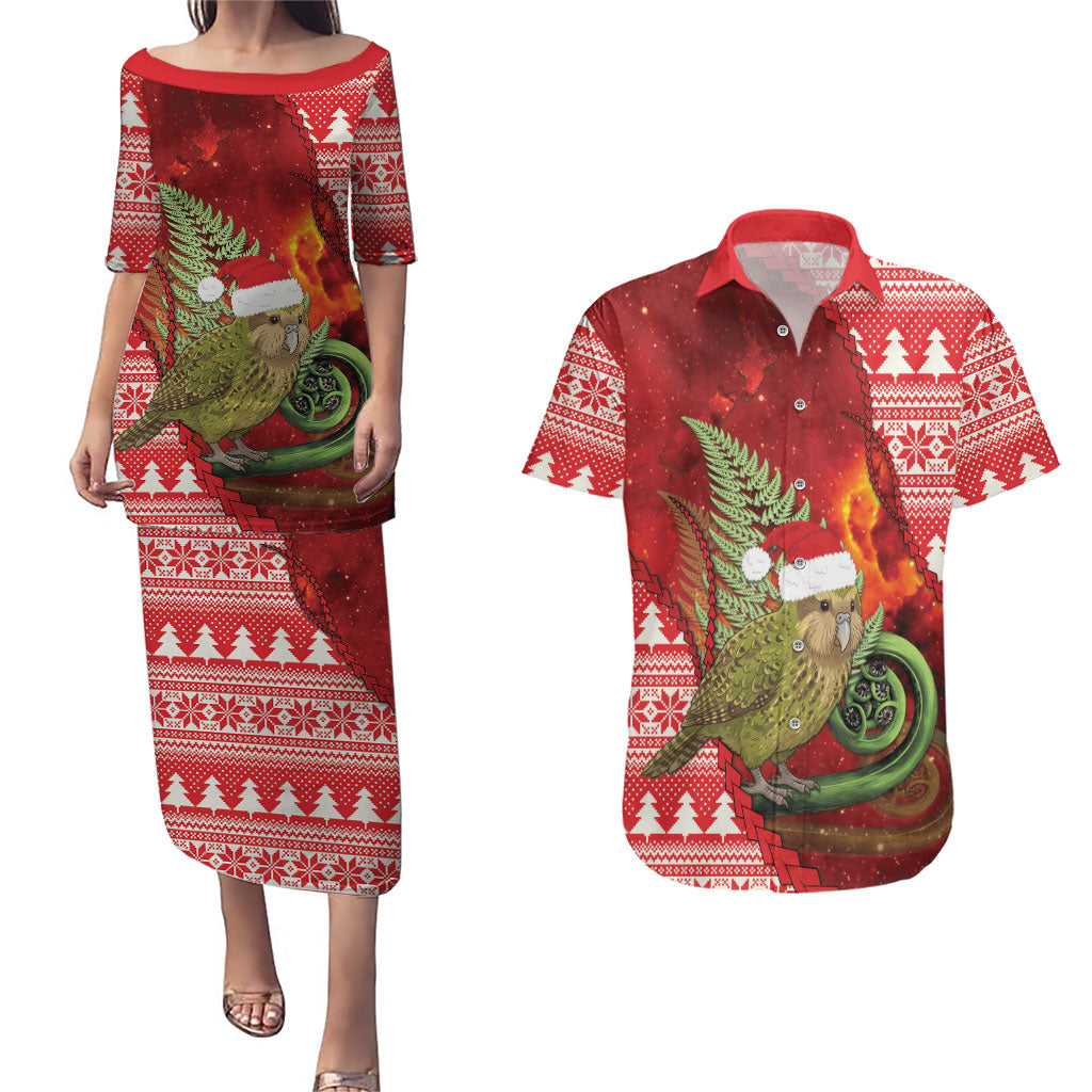New Zealand Kakapo Christmas In July Couples Matching Puletasi and Hawaiian Shirt Silver Fern Santa Xmas Red Color