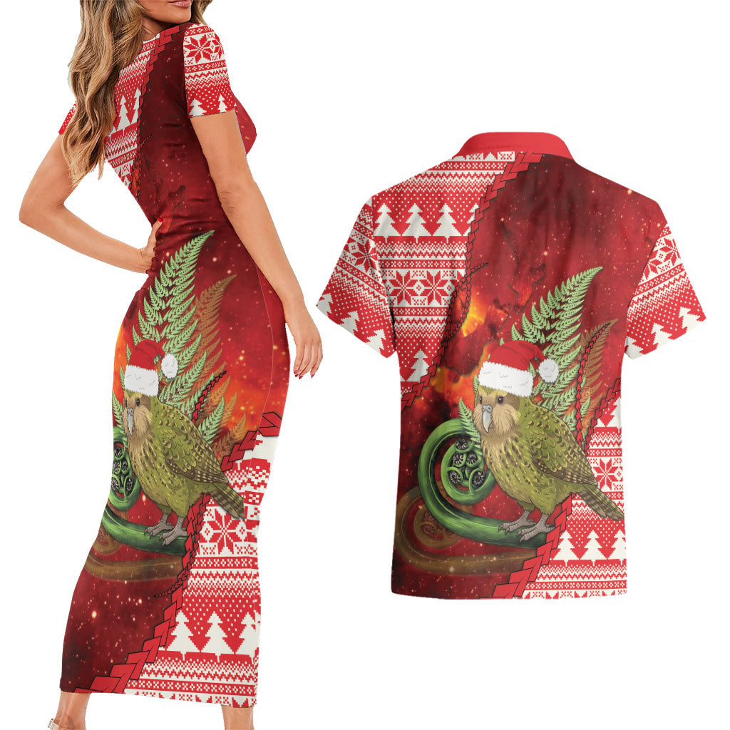 New Zealand Kakapo Christmas In July Couples Matching Short Sleeve Bodycon Dress and Hawaiian Shirt Silver Fern Santa Xmas Red Color