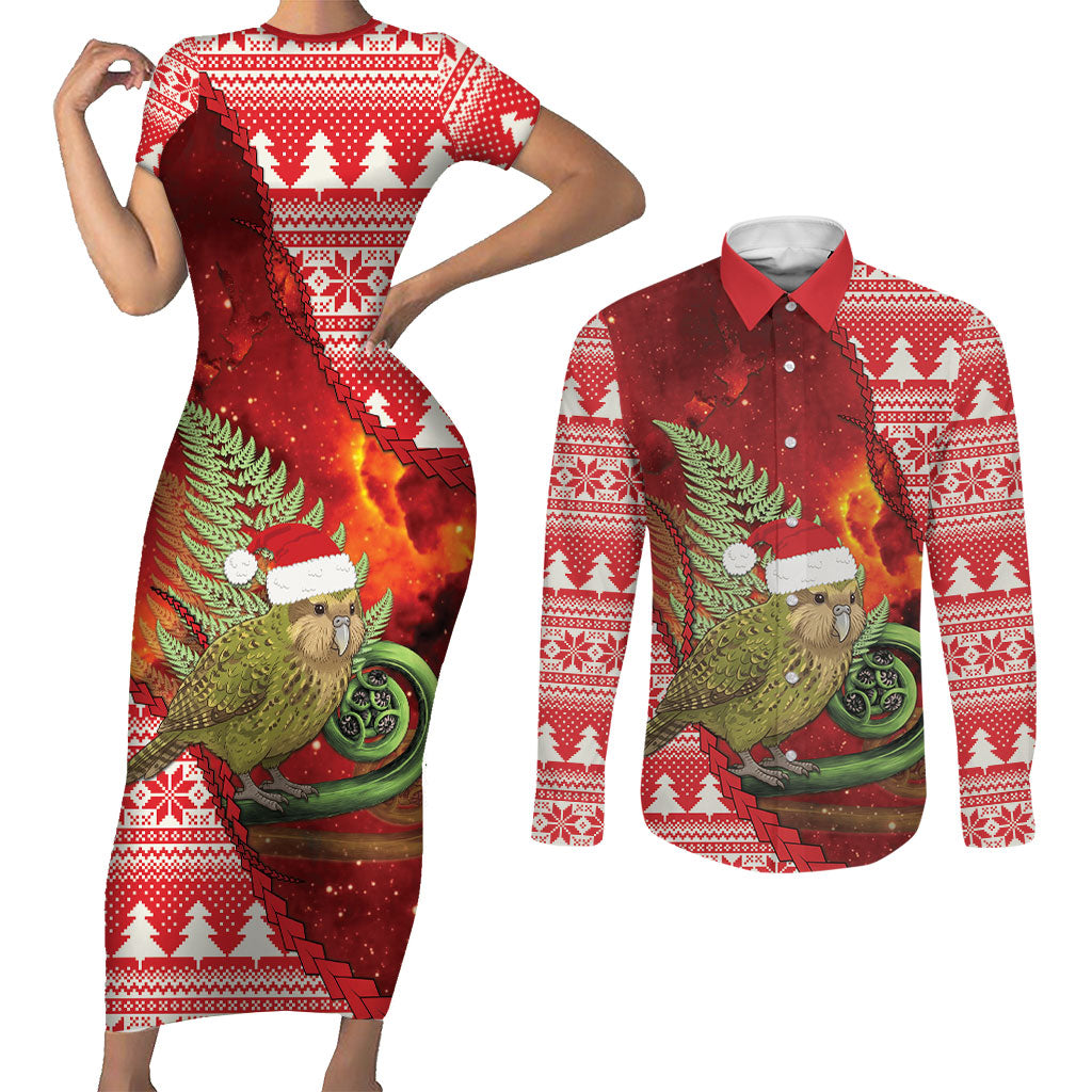 New Zealand Kakapo Christmas In July Couples Matching Short Sleeve Bodycon Dress and Long Sleeve Button Shirt Silver Fern Santa Xmas Red Color