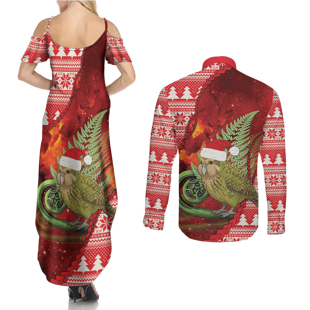 New Zealand Kakapo Christmas In July Couples Matching Summer Maxi Dress and Long Sleeve Button Shirt Silver Fern Santa Xmas Red Color