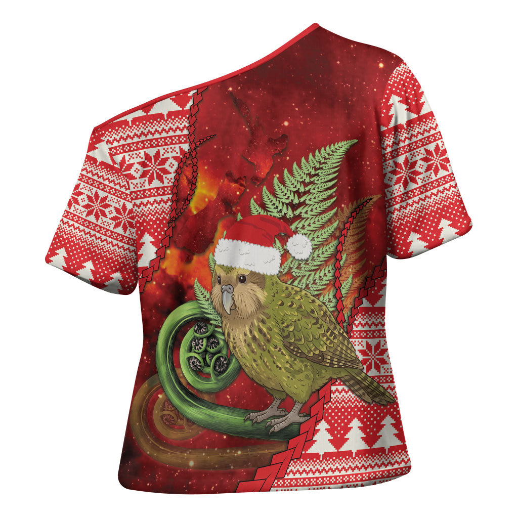 New Zealand Kakapo Christmas In July Cross Shoulder Shirt Silver Fern Santa Xmas Red Color