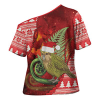 New Zealand Kakapo Christmas In July Cross Shoulder Shirt Silver Fern Santa Xmas Red Color