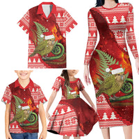 New Zealand Kakapo Christmas In July Family Matching Long Sleeve Bodycon Dress and Hawaiian Shirt Silver Fern Santa Xmas Red Color