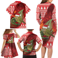 New Zealand Kakapo Christmas In July Family Matching Long Sleeve Bodycon Dress and Hawaiian Shirt Silver Fern Santa Xmas Red Color