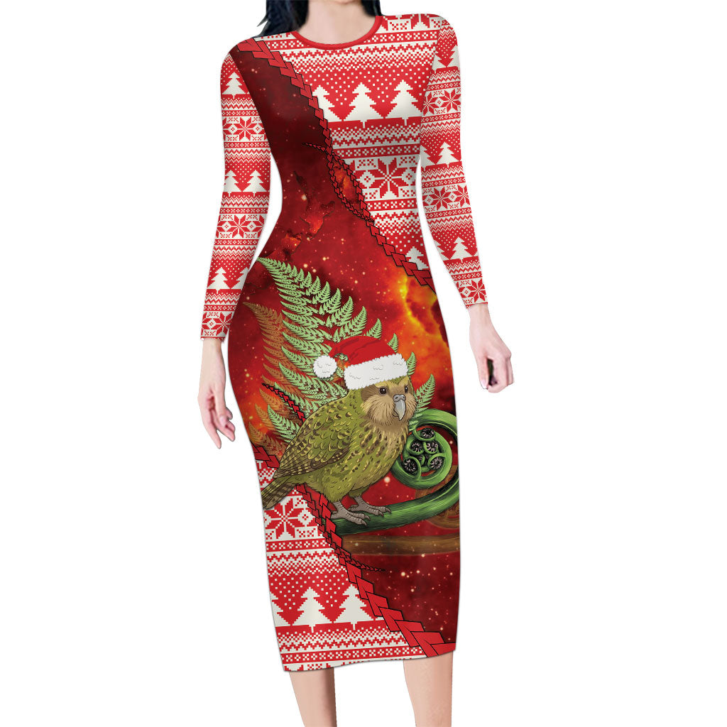 New Zealand Kakapo Christmas In July Family Matching Long Sleeve Bodycon Dress and Hawaiian Shirt Silver Fern Santa Xmas Red Color