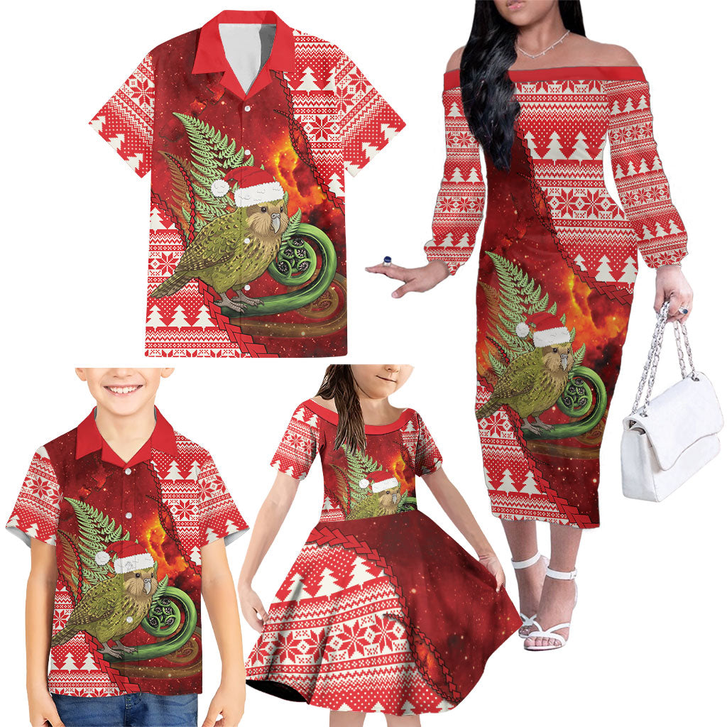 New Zealand Kakapo Christmas In July Family Matching Off The Shoulder Long Sleeve Dress and Hawaiian Shirt Silver Fern Santa Xmas Red Color LT22 - Polynesian Pride