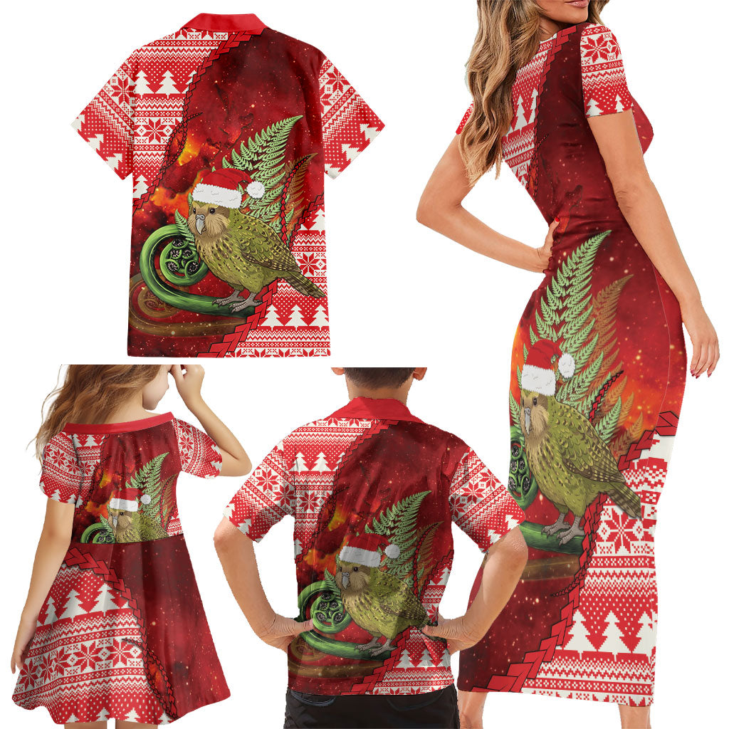 New Zealand Kakapo Christmas In July Family Matching Short Sleeve Bodycon Dress and Hawaiian Shirt Silver Fern Santa Xmas Red Color