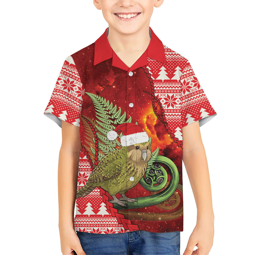 New Zealand Kakapo Christmas In July Family Matching Short Sleeve Bodycon Dress and Hawaiian Shirt Silver Fern Santa Xmas Red Color