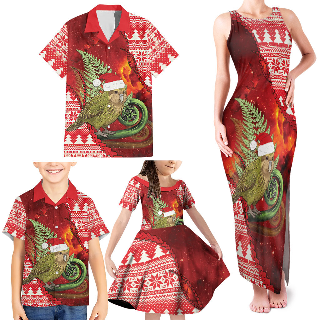 New Zealand Kakapo Christmas In July Family Matching Tank Maxi Dress and Hawaiian Shirt Silver Fern Santa Xmas Red Color