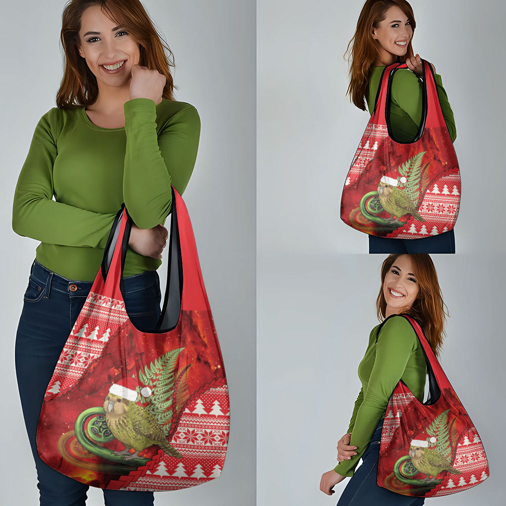 New Zealand Kakapo Christmas In July Grocery Bag Silver Fern Santa Xmas Red Color