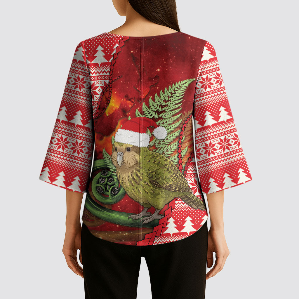 New Zealand Kakapo Christmas In July Kimono Sleeve Blouse Silver Fern Santa Xmas Red Color