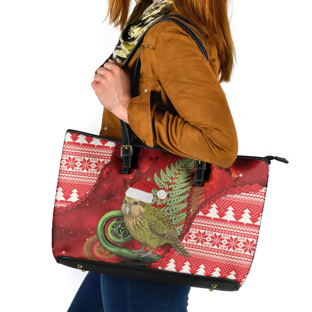 New Zealand Kakapo Christmas In July Leather Tote Bag Silver Fern Santa Xmas Red Color