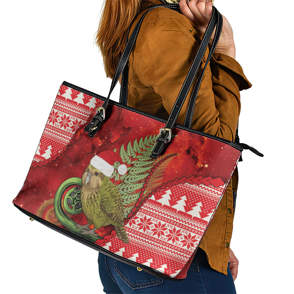New Zealand Kakapo Christmas In July Leather Tote Bag Silver Fern Santa Xmas Red Color