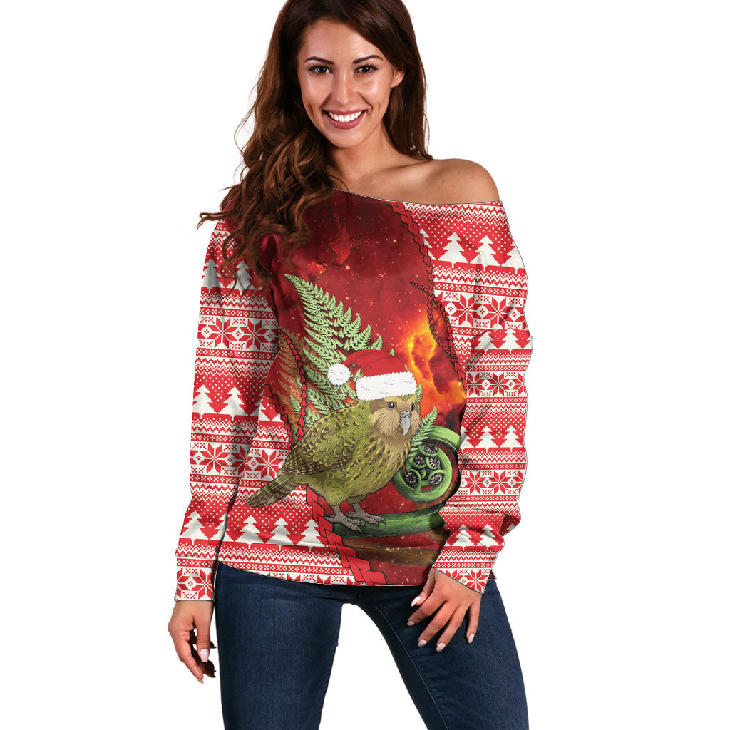 New Zealand Kakapo Christmas In July Off Shoulder Sweater Silver Fern Santa Xmas Red Color