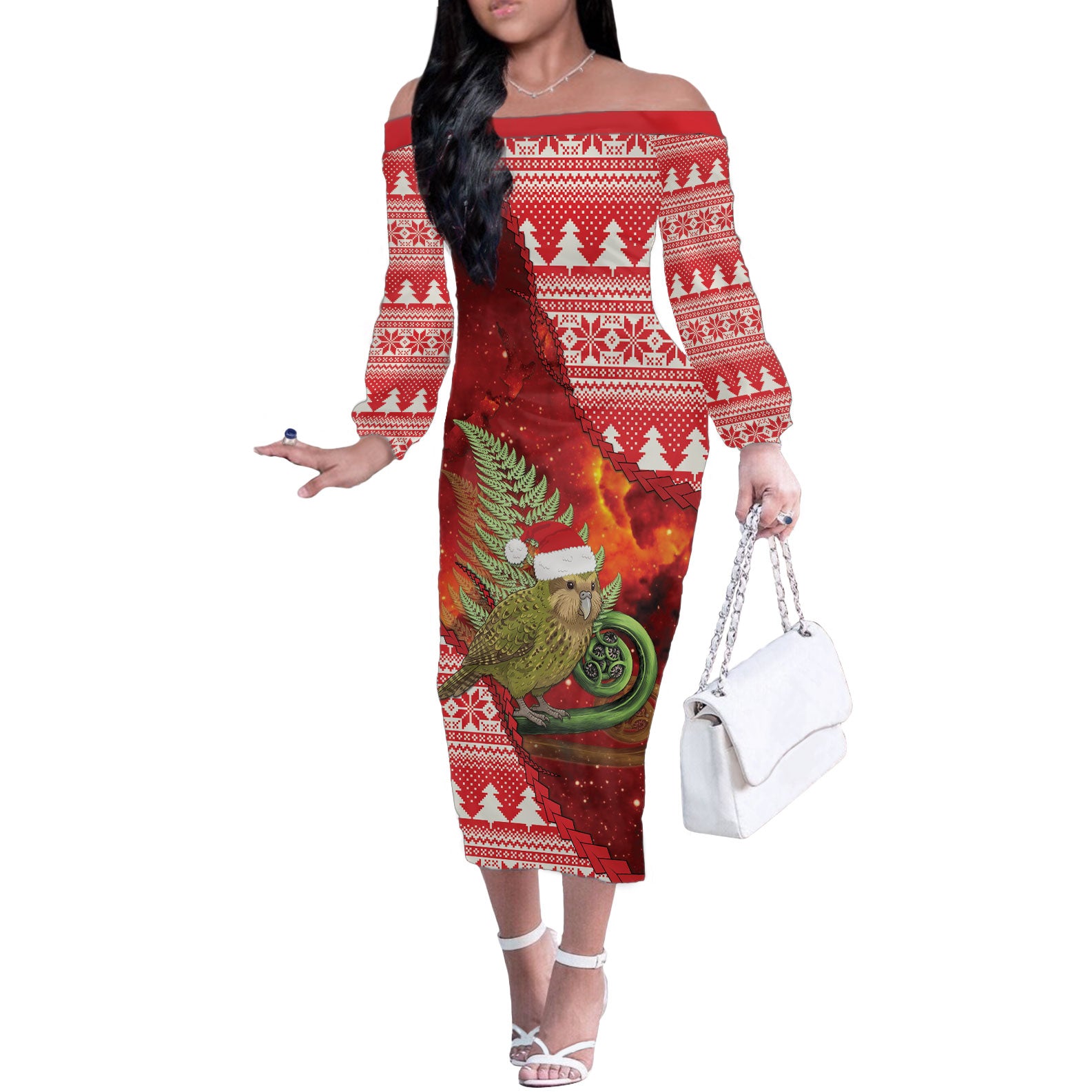 New Zealand Kakapo Christmas In July Off The Shoulder Long Sleeve Dress Silver Fern Santa Xmas Red Color LT22 Women Red - Polynesian Pride