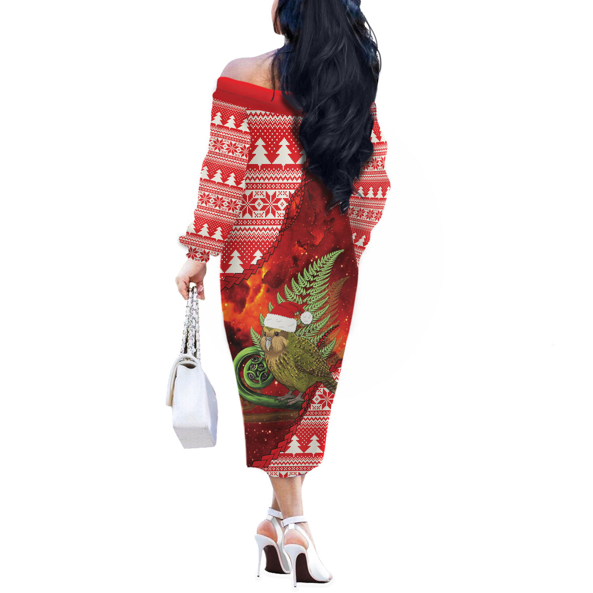 New Zealand Kakapo Christmas In July Off The Shoulder Long Sleeve Dress Silver Fern Santa Xmas Red Color