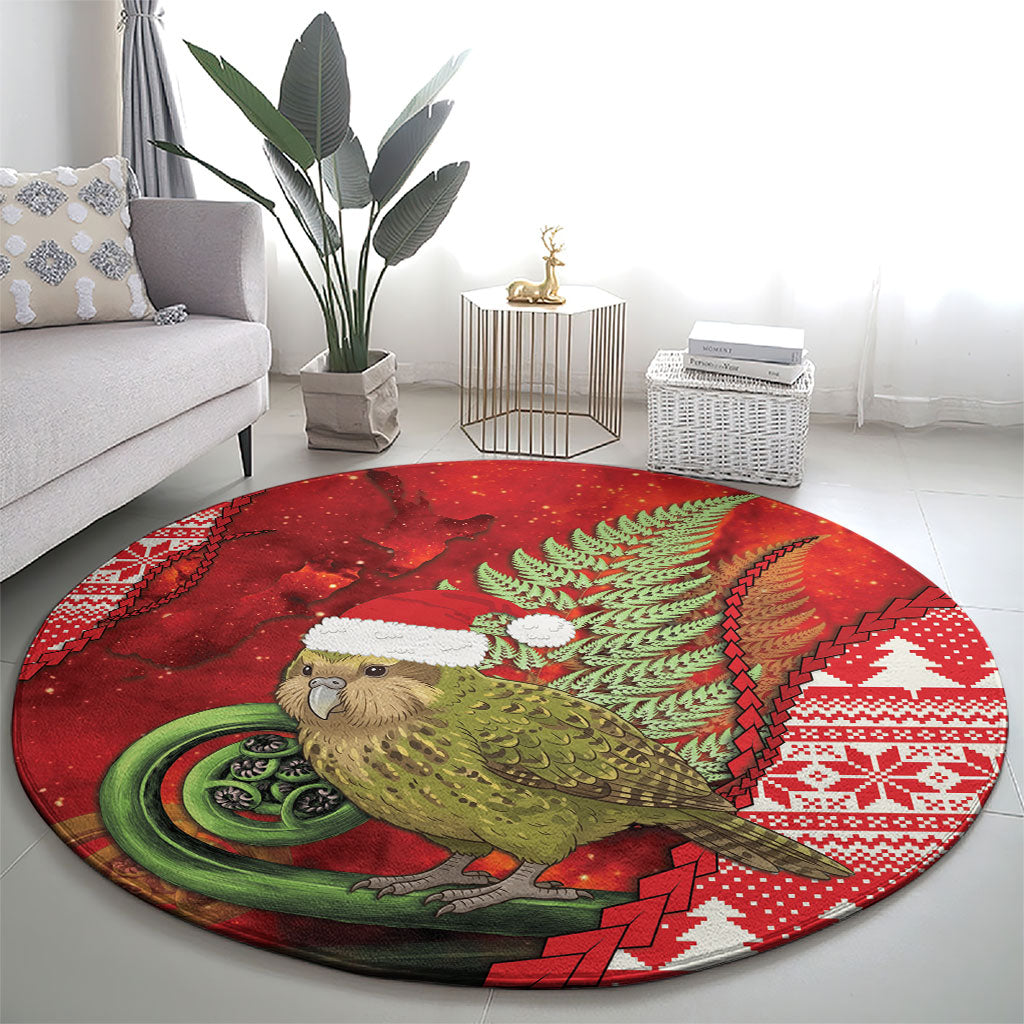 New Zealand Kakapo Christmas In July Round Carpet Silver Fern Santa Xmas Red Color