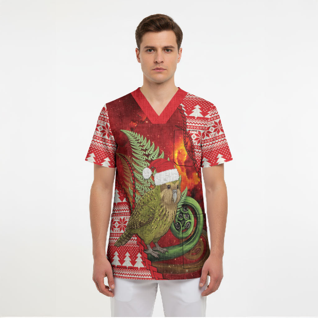 New Zealand Kakapo Christmas In July Scrub Top Silver Fern Santa Xmas Red Color