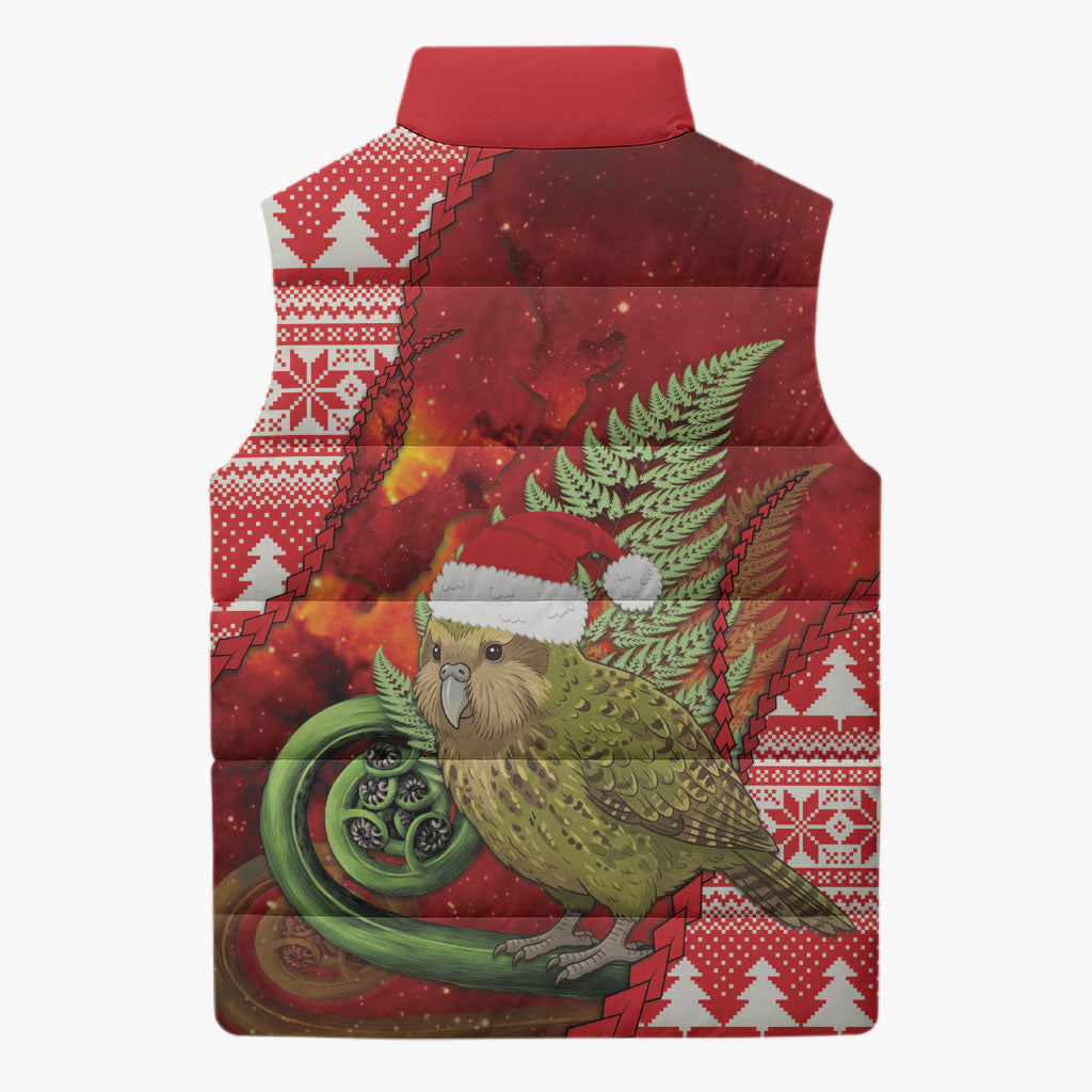 New Zealand Kakapo Christmas In July Sleeveless Puffer Jacket Silver Fern Santa Xmas Red Color