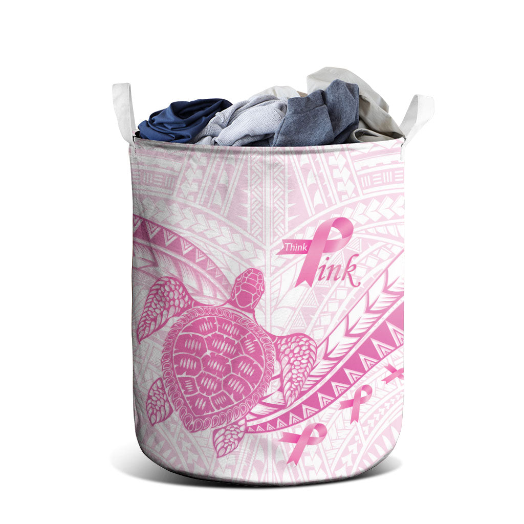 Breast Cancer Awareness Laundry Basket Pink Ribbon Turtle Polynesian Pattern White LT22 - Polynesian Pride