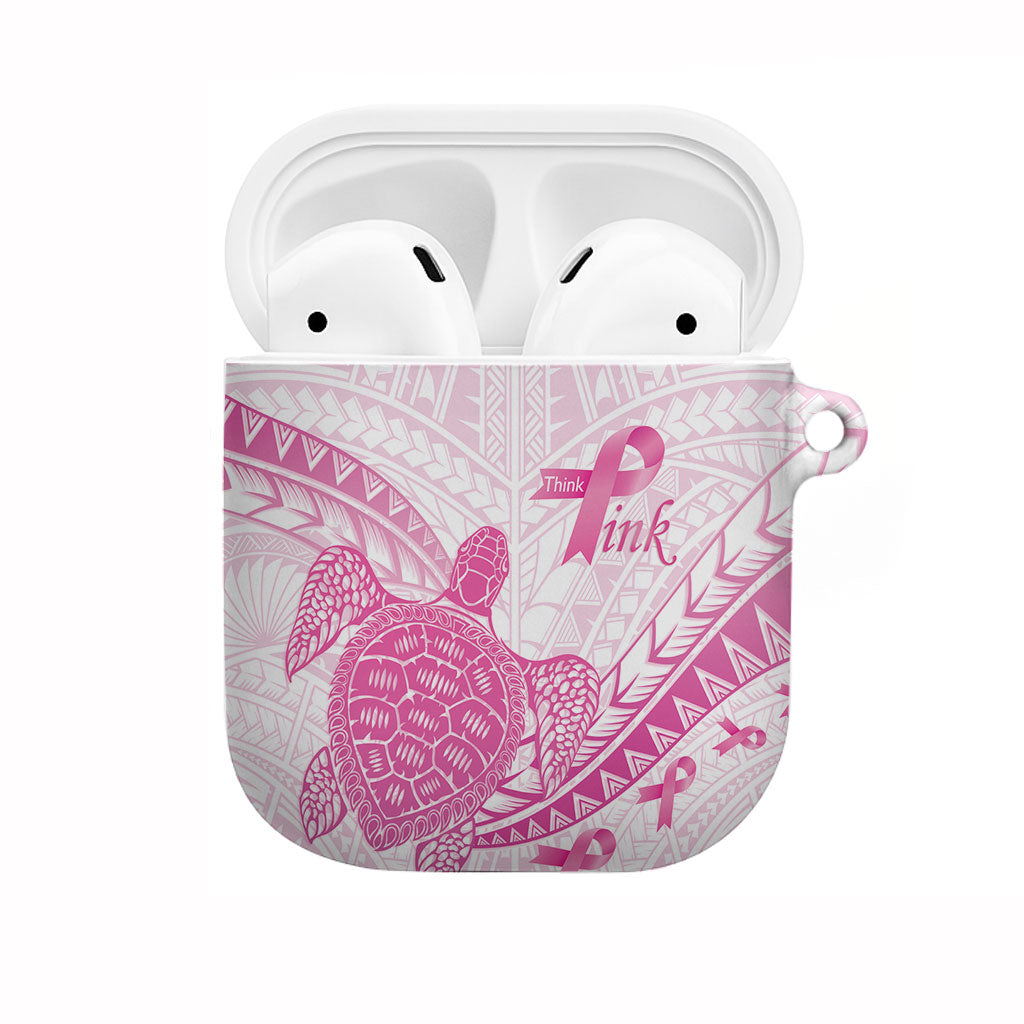Breast Cancer Awareness AirPods Case Pink Ribbon Turtle Polynesian Pattern White