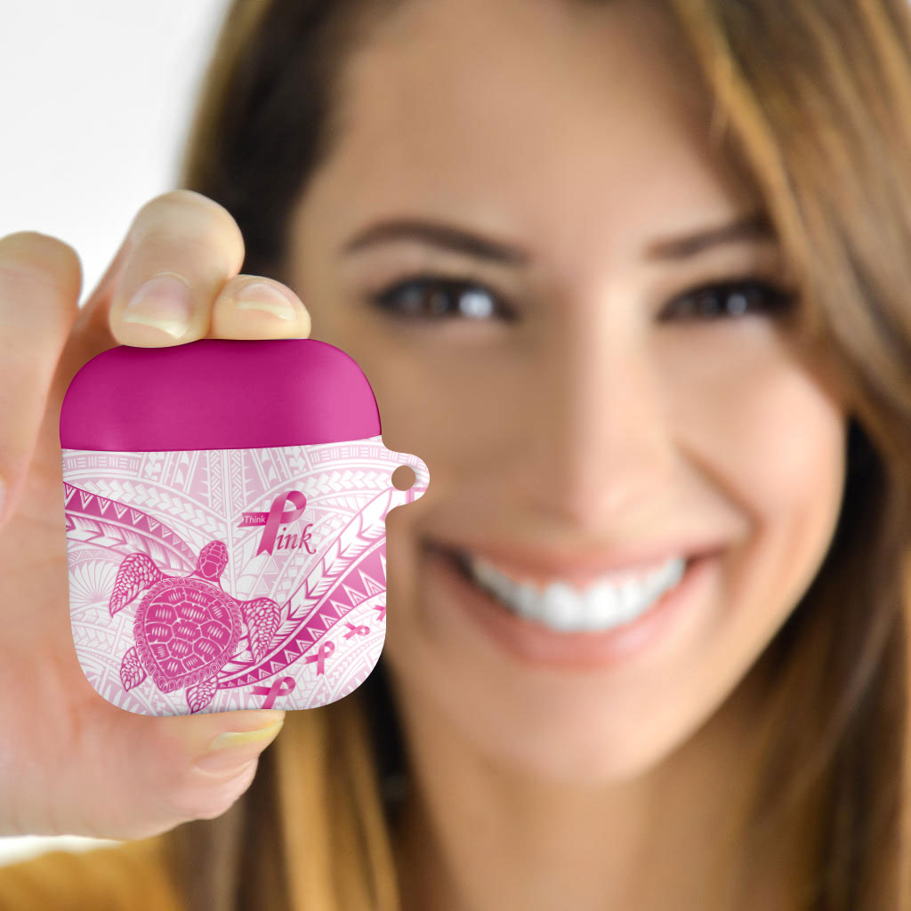 Breast Cancer Awareness AirPods Case Pink Ribbon Turtle Polynesian Pattern White