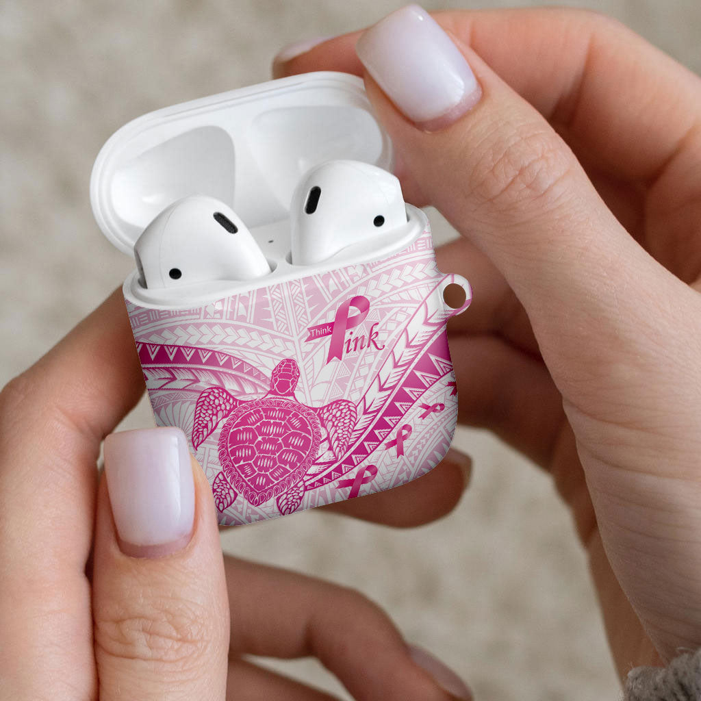 Breast Cancer Awareness AirPods Case Pink Ribbon Turtle Polynesian Pattern White